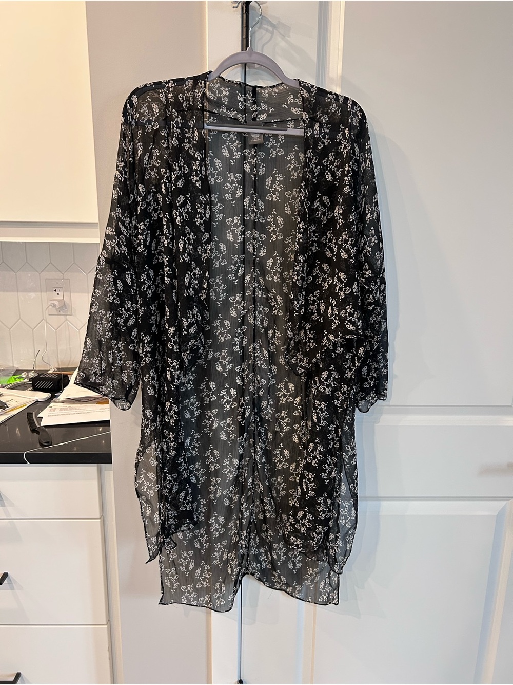 Vince Camuto Sheer Black Floral Kimono Duster Open Front Lightweight Boho OS